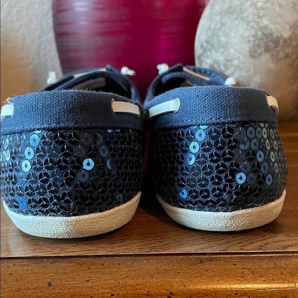 Xhilaration Navy Sequin Boat Shoes w White leather laces Comfy SZ 8 EUC - Picture 7 of 10